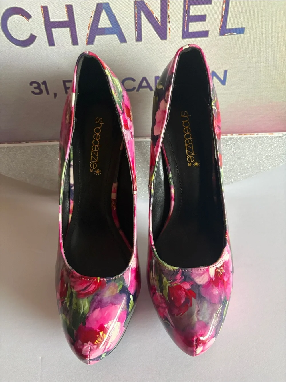 Shoe Dazzle Pink Floral Platform Stiletto Pumps